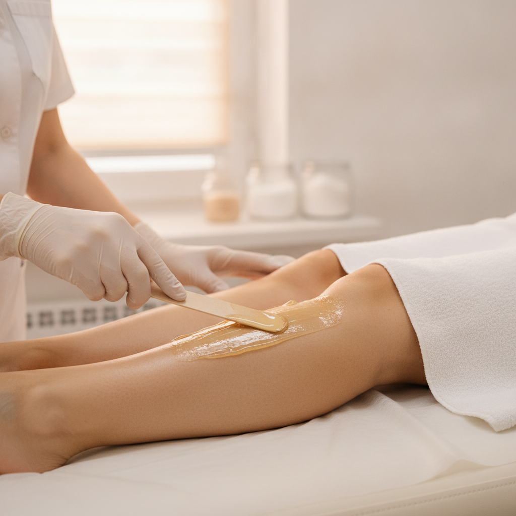 a cosmetologist doing full body waxing, focus on the hand doing full body waxing